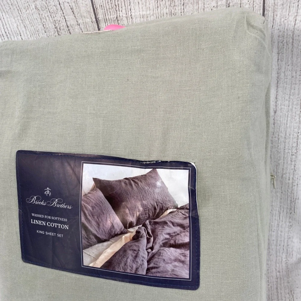 Brooks Brothers Sheet Set King Sage Green Linen Cotton Washed Softness Earthy